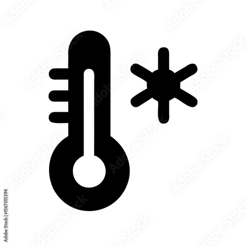Black silhouette icon showing a thermometer and snowflake, representing cold weather, freezing temperatures, or winter conditions.
