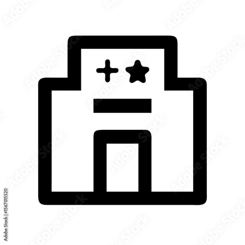 Black and white line icon of a hotel or lodging facility, featuring a star and cross to indicate quality and accommodations.
