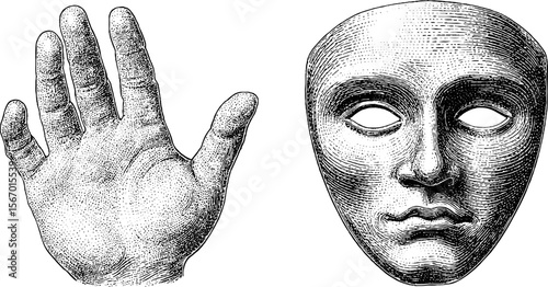Vintage phantom hand and mask illustration for creative design projects