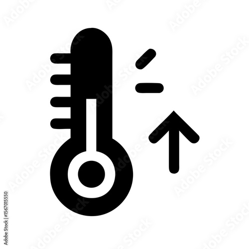 Black icon of a thermometer with an upward arrow, representing heat, rising temperature, hot weather, or climate change warnings.
