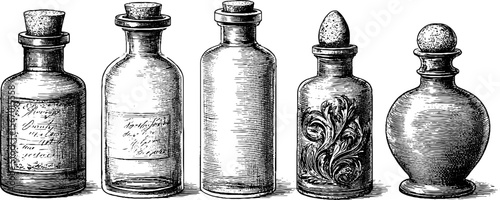 Vintage pharmacy bottles with handwritten labels and engravings for retro design projects