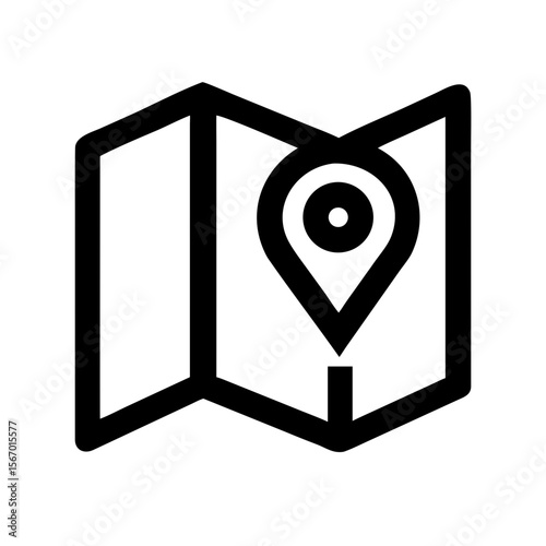 Black and white line icon of a folded map featuring a location pin, representing navigation, mapping, and geolocation services.
