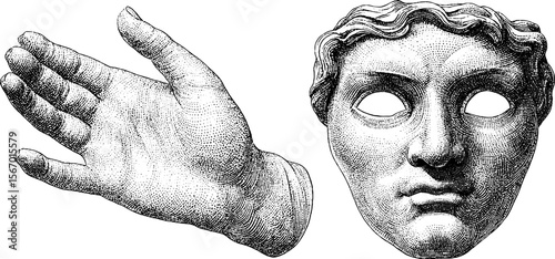 Vintage phantom hand and mask with fog elements for retro design