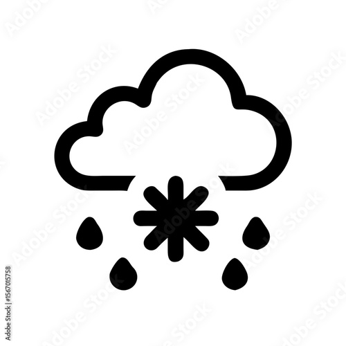 Black outline icon showing a cloud with a snowflake and raindrops, symbolizing sleet or mixed winter precipitation in forecasts.
