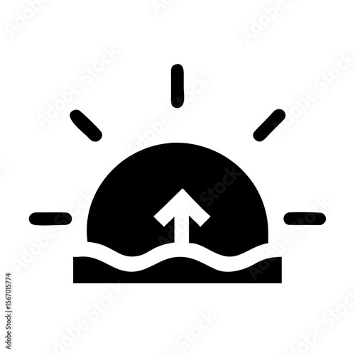 Black sunrise symbol showing the sun rising over waves with light rays and an upward arrow, representing morning or new beginnings.
