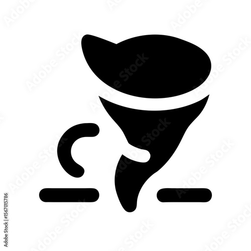 Black tornado icon featuring a swirling funnel shape and ground lines, representing extreme weather, twister, or natural disaster warning.
