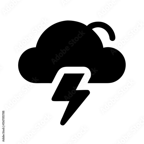 Solid black weather icon showing a cloud with a lightning bolt, symbolizing storm, thunder, and severe weather conditions.
