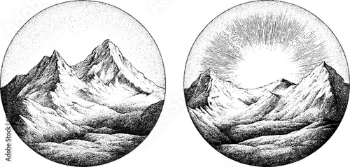Vintage mountain view with sunbeam and polaroid frame design for cards or posters