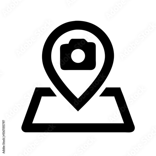Black icon showing a map pin with a camera inside, representing a photography location, sightseeing point, or tourist destination.
