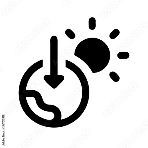 Black icon showing sunlight striking Earth, representing global warming, solar radiation, or environmental climate change concepts.
