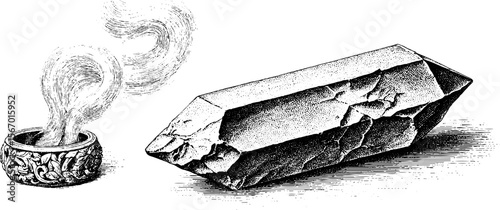 Mystical quartz shard with rune mark and smoke ring - hand drawn vintage illustration