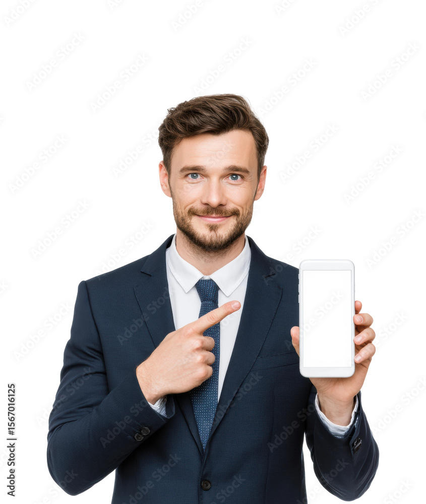 Businessman holding smartphone office portrait professional focused isolated on transparent background Businessman holding smartphone office portrait professional focused isolated on transparent background