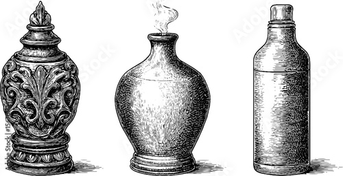 Set of vintage humidifiers and water tanks with mist effect for retro design projects