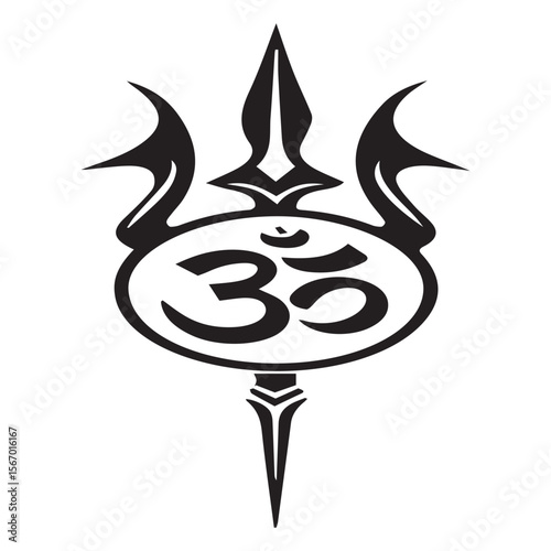 Black om symbol with trident of lord shiva on white background