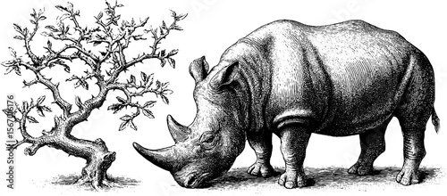 Vintage rhino and thorny branch sketch for retro design and decor