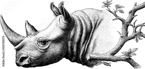 Vintage hand drawn rhino with thorn branch illustration for retro design