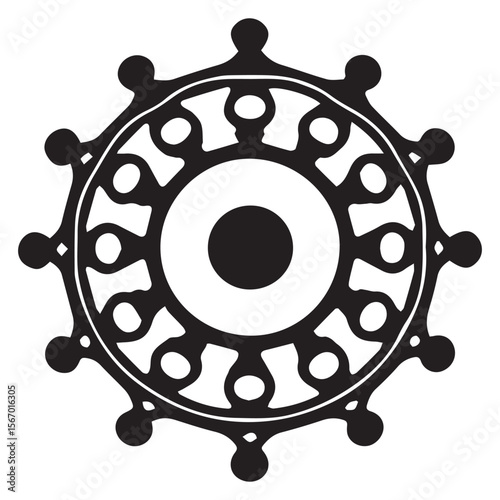 Abstract circular black and white tribal sun symbol with humanoid figures