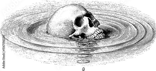 Vintage skull silhouette in rippling water with dripping grid effect