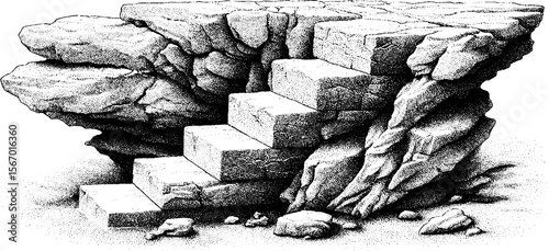 Vintage sketch of rock bridge fracture with vertical staircase design for architectural inspiration