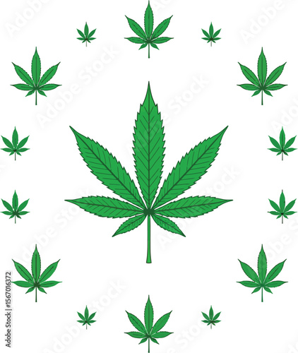 Cannabis leaf circle design white background green leaves