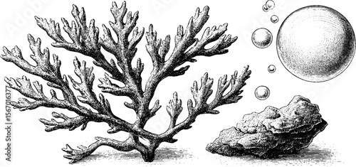 Vintage seaweed and rock silhouette with bubbles for nautical design