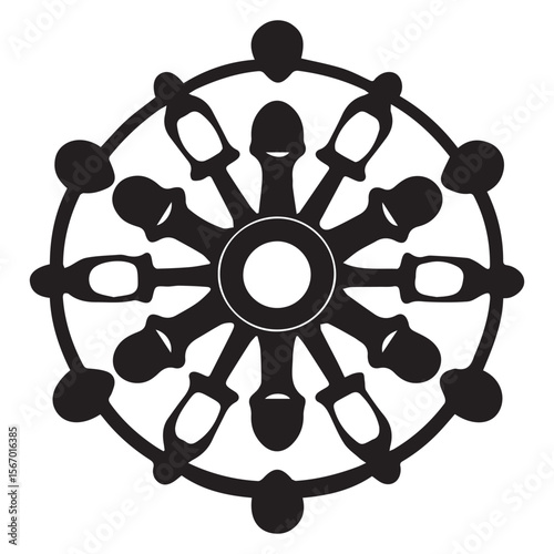 Stylized black buddhist dharma wheel symbol isolated on white background