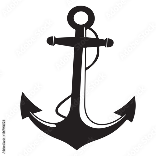 A stylized black silhouette of a nautical anchor with a rope on a white background