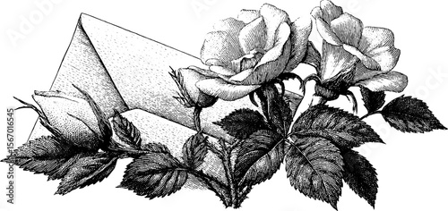 Vintage hand drawn rosebud and envelope with lace trim for elegant stationery design