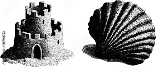 Vintage beach elements: hand-drawn sandcastle, seashell, and bucket for summer designs