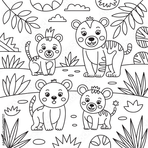 Cute floral and butterfly design with flowers, grass, and sky, perfect for children’s coloring books.