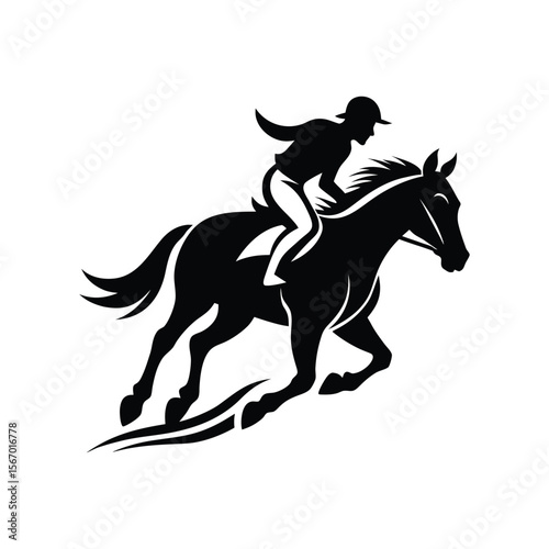  Horse Racing Powerful and Dynamically Bold Black Shapes with Silhouette of Jockey isolated White Clean Vector Illustration