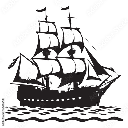 Black silhouette of a majestic sailing ship with full sails on choppy water
