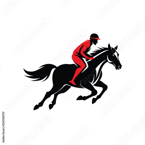  Horse Racing Powerful and Dynamically Bold Black Shapes with Silhouette of Jockey isolated White Clean Vector Illustration