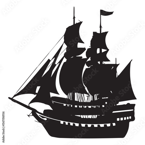 Silhouette of a majestic sailing ship with full sails and a flag
