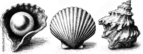 Vintage seashell and pearl sketch with ocean wave dotwork design