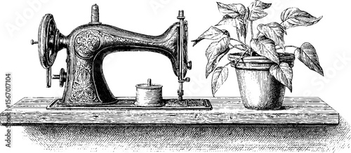 Vintage sewing machine and patterned fabric with plant illustration for retro design