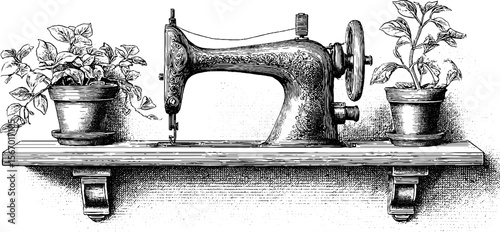 Vintage sewing machine with patterned fabric and plants - retro hand drawn engraving
