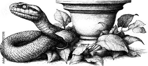 Serpent wrapped around pot with dry leaves in courtyard setting - vintage engraving art