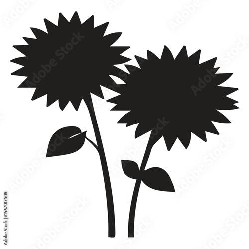 Two stylized black silhouettes of sunflowers with leaves on a white background