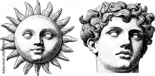Vintage sun face and classical open forehead art with spiral motif