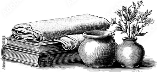 Vintage hand drawn still life with stacked books, wool blanket, and wildflower pots