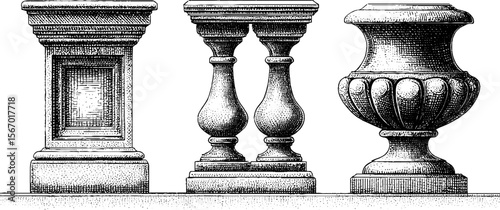 Vintage architectural elements with stepped facade and triangular frieze design