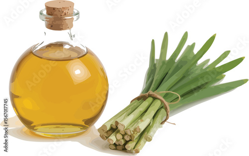 Lemongrass essential oil in glass bottle with fresh lemongrass stalks