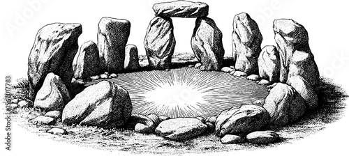 Ancient stone circle with radiant sunbeam illustration for historical design