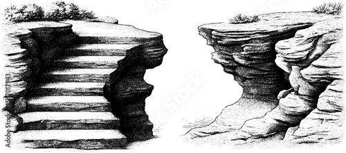 Vintage hand drawn stone ramp path and wind carved outcrop illustration for retro design