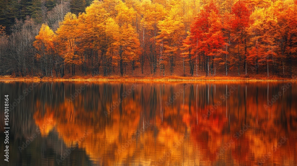 Obraz premium Autumn trees reflected in a calm lake.