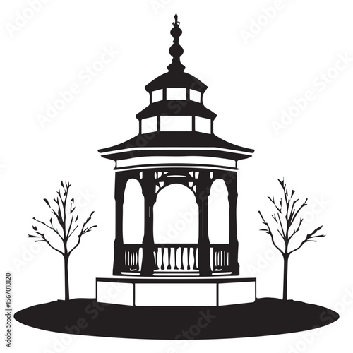 Black silhouette of a classic gazebo with two bare trees on a white background