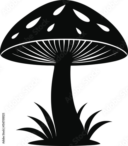 Black silhouette of a wild mushroom with grass