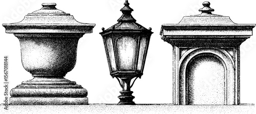 Vintage street lamp and cobblestone silhouette set for retro design