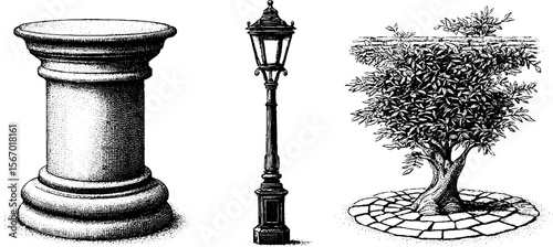 Vintage sketch of street lamp, cobblestone, and tree silhouette for retro design